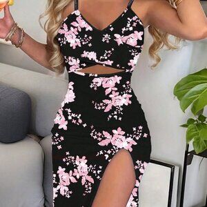 Purple Sexy Women's Printed Asymmetrical Hem Split Spaghetti Strap Bodycon Dress